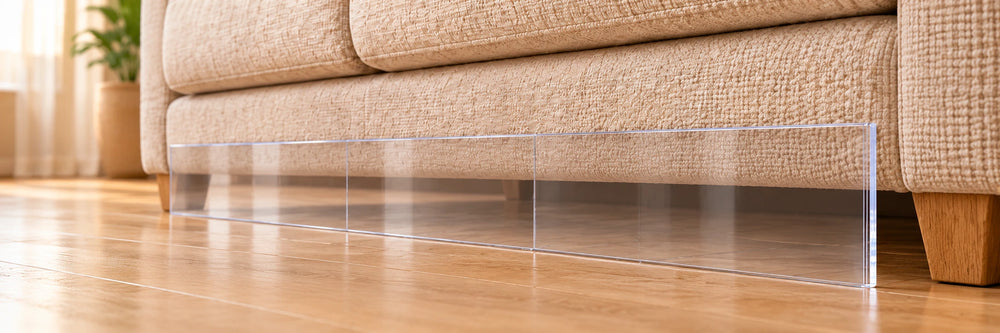 Clear pet toy barrier overlapping the lower edge of a beige sofa; illustrative installation photo.