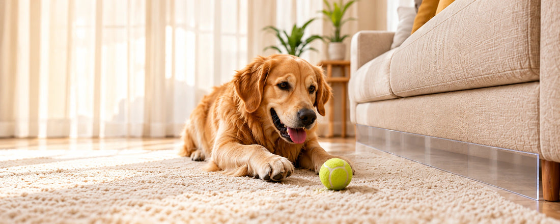 Golden retriever beside an L-shaped clear pet toy barrier overlapping the sofa's lower edge.