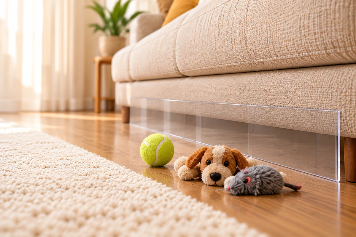 Tennis ball and pet toys kept outside a clear barrier covering the full sofa gap.